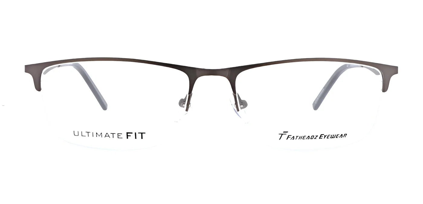 Front view of brown, semi-rimless eyeglasses displaying the words "Preferred Stock" and "BOND Eyeglasses" on the lenses, featuring sleek stylish frames and adjustable temple arms for a personalized fit.