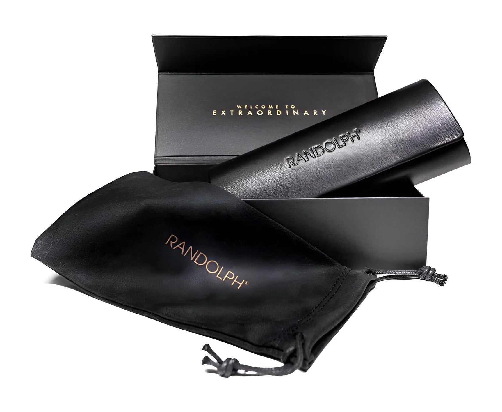 Experience superior protection for your Randolph AVIATOR Sunglasses with the black leather glasses case and pouch, both beautifully packaged in boxes. Adorned with the "Welcome to Extraordinary" text, this handcrafted item epitomizes quality craftsmanship and is made in the USA by Randolph.