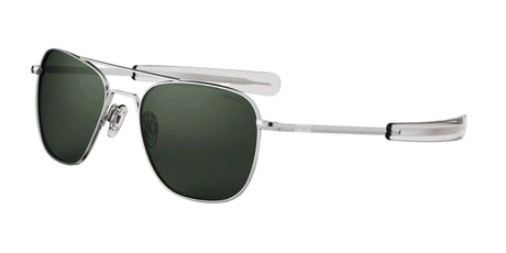 Explore the Randolph AVIATOR Sunglasses in Size 58, featuring bright chrome aviator frames with dark lenses and clear temple tips, meticulously handcrafted in the USA to ensure exceptional protection.