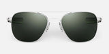 Randolph AVIATOR Sunglasses in size 58, featuring a silver frame and dark green lenses, designed to provide exceptional protection, expertly handcrafted in the USA against a plain background.