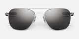 The Randolph AVIATOR Sunglasses, handcrafted in the USA and available in size 58, feature a sleek silver frame with dark lenses on a white background, providing superior protection.