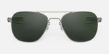 The Randolph AVIATOR Sunglasses, Size 58, feature silver frames and dark green lenses that provide superior protection. These aviator-style shades, handcrafted in the USA by Randolph, are showcased against a white background.