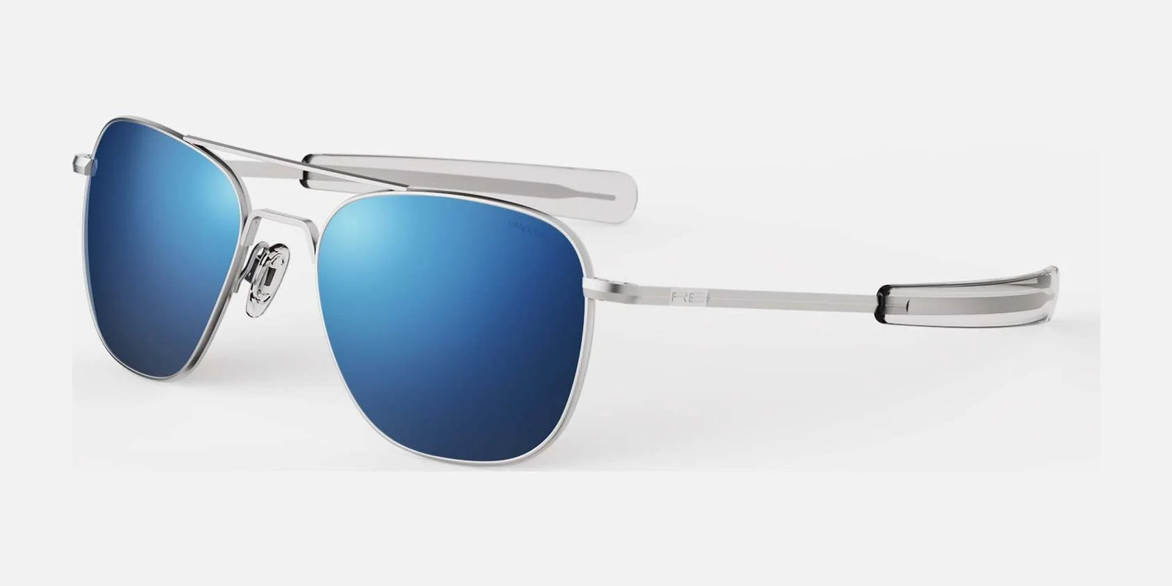 Matte chrome-framed Randolph AVIATOR sunglasses with blue reflective lenses, size 58, handcrafted in the USA for superior protection, displayed on a white background.