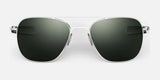 A pair of Randolph AVIATOR Sunglasses in size 58, featuring dark green lenses and silver frames against a white background, offering superior protection and handcrafted in the USA.