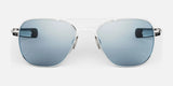 Enjoy exceptional protection and style with the Randolph AVIATOR Sunglasses | Size 58, featuring striking silver rims and blue-tinted lenses set against a minimalist backdrop. These USA-handcrafted frames enhance your appearance while providing excellent sun protection.