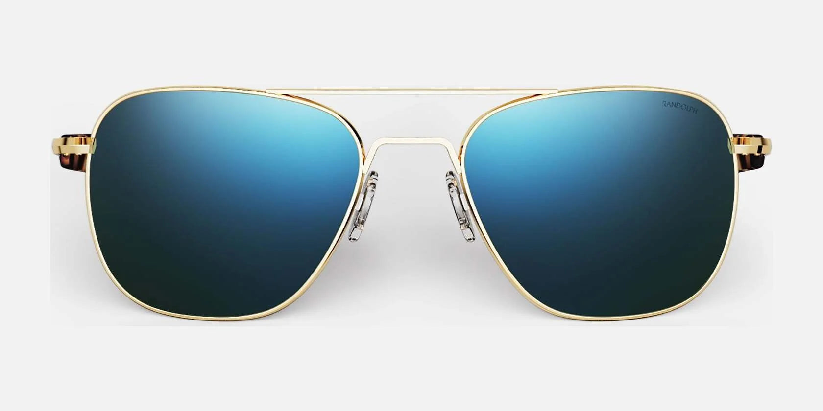 Randolph AVIATOR Sunglasses in a size 58 feature blue-tinted lenses and gold frames, providing excellent protection against the sun, photographed on a plain white background.