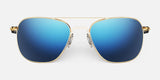 The Randolph AVIATOR Sunglasses in Size 58 showcase stunning blue mirrored lenses paired with elegant gold frames, providing excellent protection and a fashionable look. Made in the USA, these iconic aviators are designed to stand out in any setting.