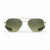 Front view of Randolph AVIATOR Sunglasses, Size 58, featuring green tinted lenses and a gold frame, handcrafted in the USA, set against a plain white background.