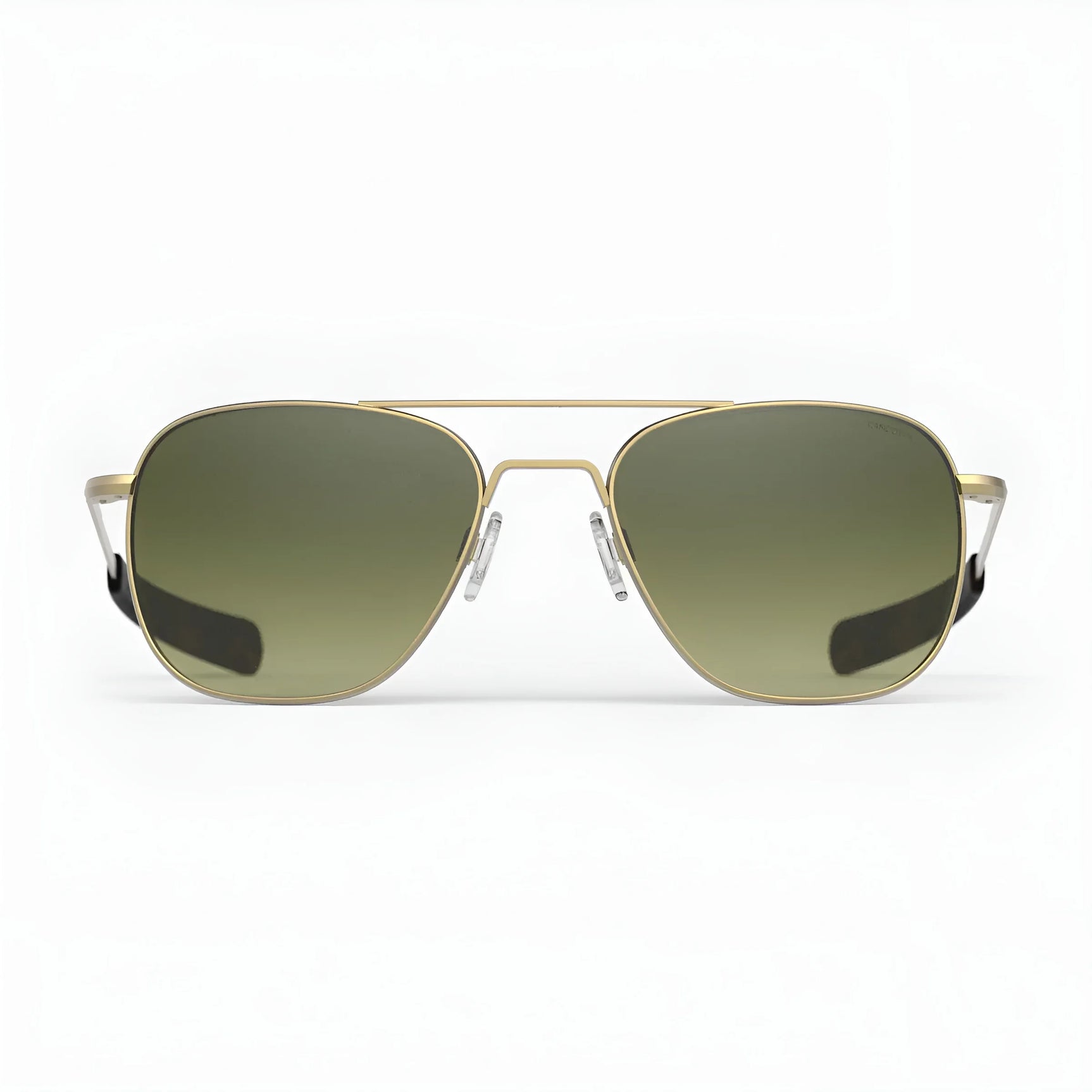 Front view of Randolph AVIATOR Sunglasses, Size 58, featuring green tinted lenses and a gold frame, handcrafted in the USA, set against a plain white background.