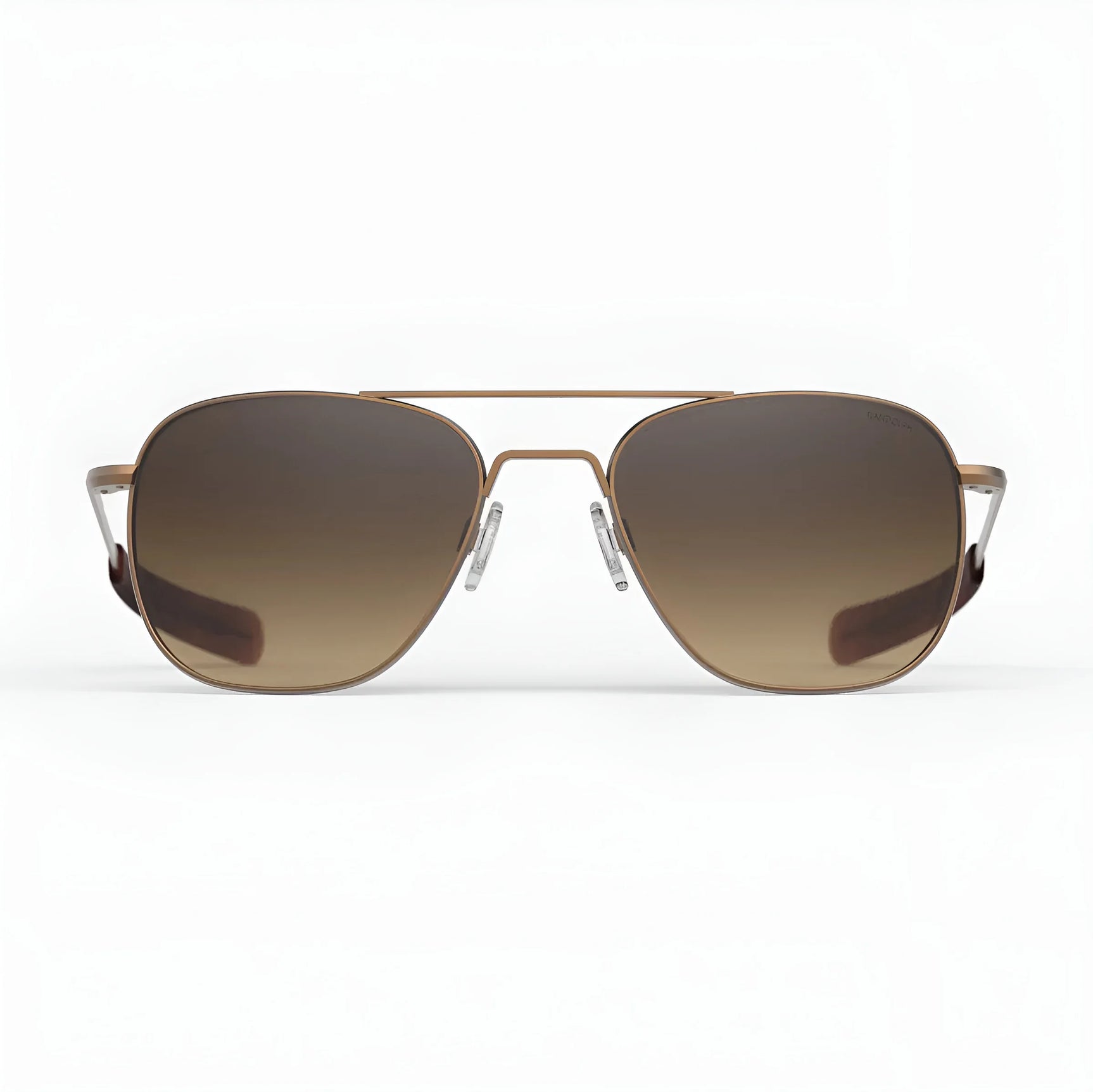 The Randolph AVIATOR Sunglasses, size 58, showcase a sophisticated thin gold frame with a double bridge and brown gradient lenses for exceptional protection. Handcrafted in the USA, they are elegantly displayed against a simple white backdrop.