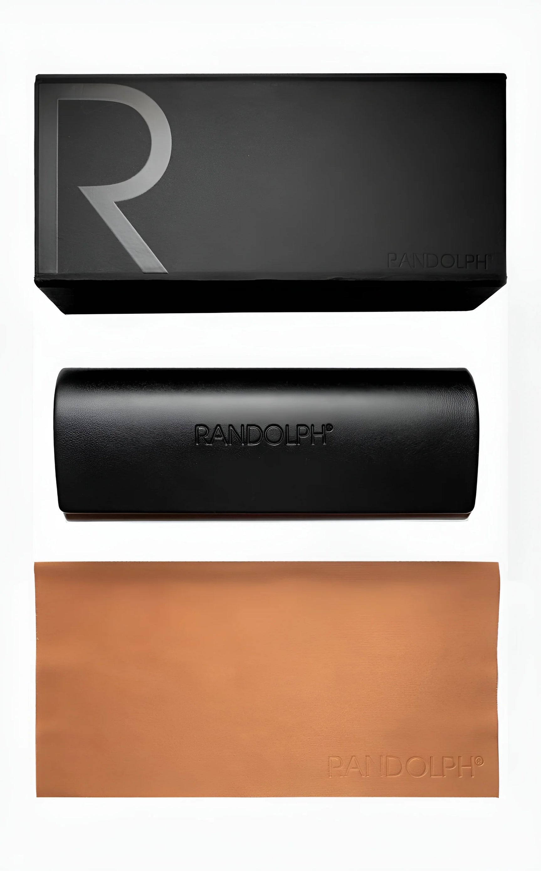 The black box, black eyeglass case, and light brown cleaning cloth prominently feature "RANDOLPH," providing superior protection. Expertly crafted to pair with Randolph AVIATOR Sunglasses in Size 58, these accessories highlight the handcrafted quality made in the USA by Randolph.