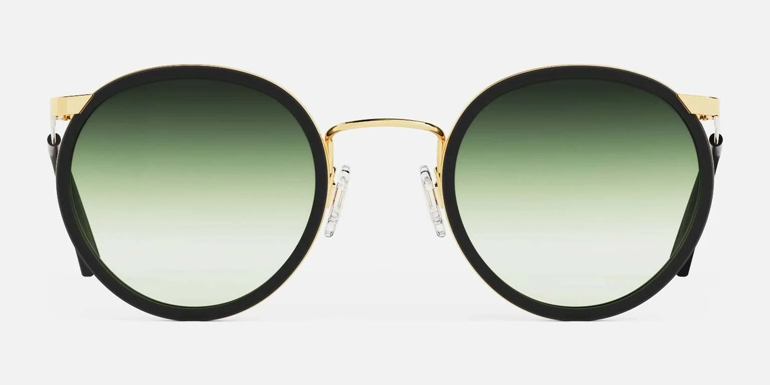 The Randolph P3 FUSION Sunglasses | Size 51, from the renowned brand Randolph, feature round gold frames and gradient green lenses. They are crafted from high-quality materials and offer essential UV protection.