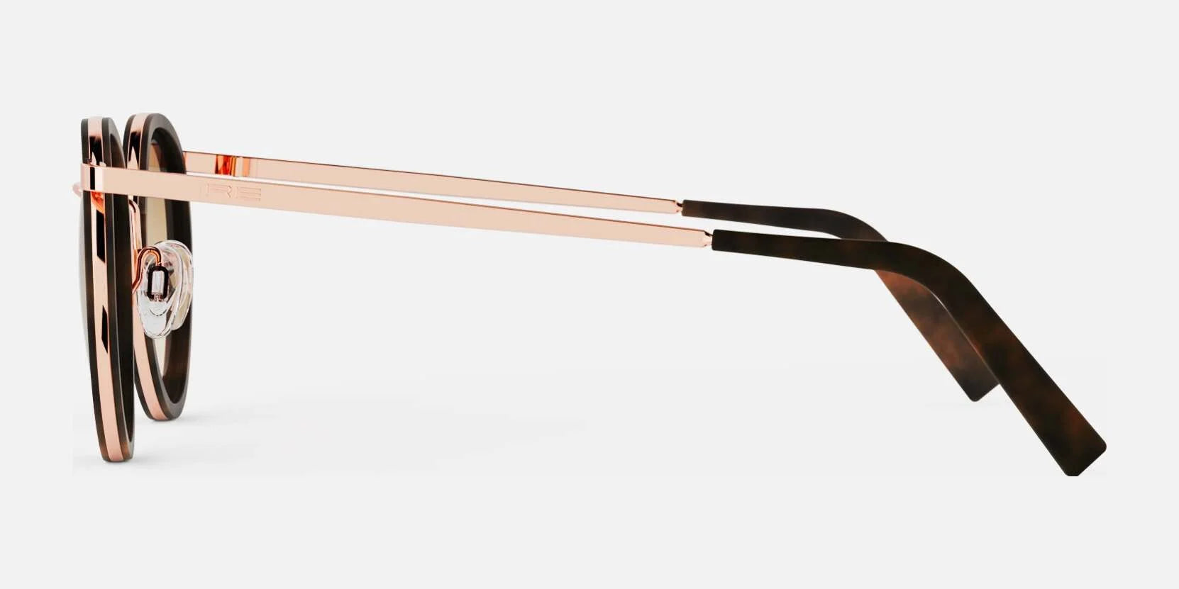 Side view of the stylish Randolph P3 FUSION Sunglasses | Size 51, featuring thin, rose gold metal temples and black acetate temple tips, meticulously crafted by Randolph from high-quality materials.