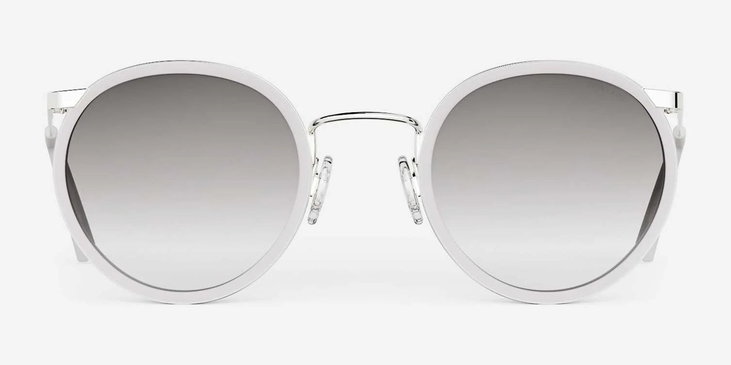 The Randolph P3 FUSION Sunglasses in size 51 feature a round, silver frame with gradient lenses, a keyhole bridge, and metal nose pads. Crafted from high-quality materials and designed for UV protection, these stylish sunglasses are showcased on a white background.