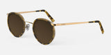 Round Randolph P3 FUSION Sunglasses with a size of 51, featuring tortoiseshell frames, thin 23k gold temples, and dark lenses, handcrafted in the USA and displayed against a white background.