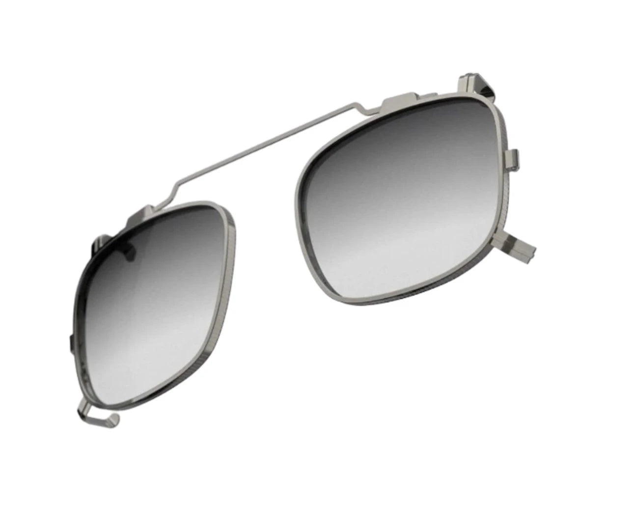 A pair of Randolph x BKC P-51 sunglasses clip-on in gunmetal color, featuring modern, square-shaped dark lenses with a thin metal frame.