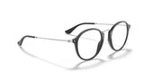 The Ray-Ban ROUND RX2447V eyeglasses showcase sleek, round frames with black rims and silver temples, set against a pristine white background.