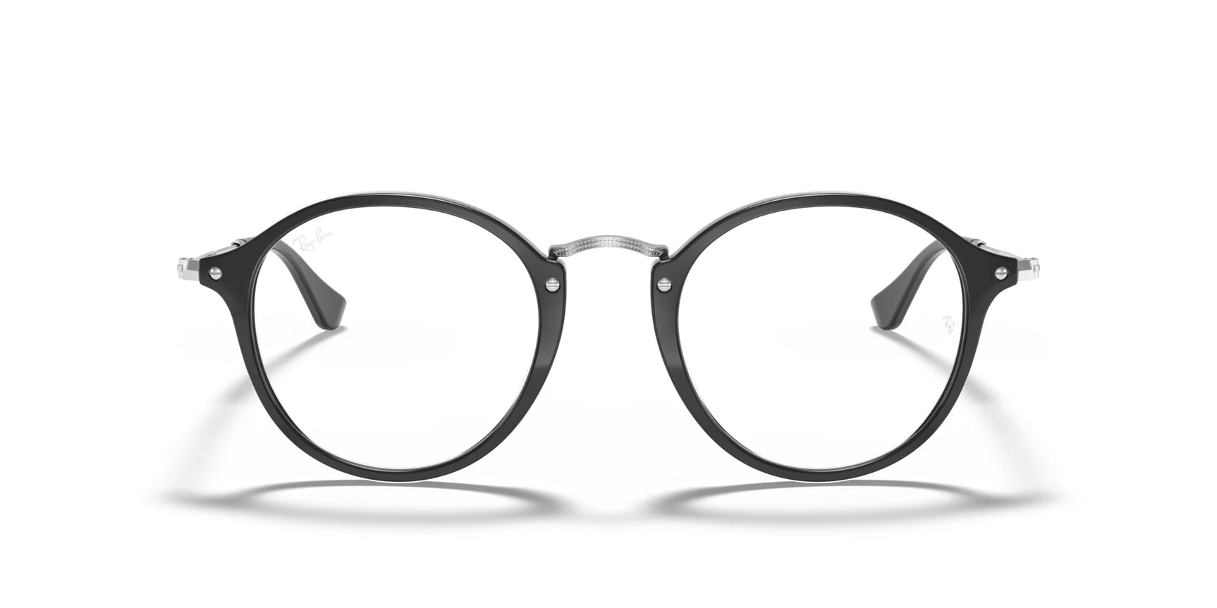 Ray-Ban ROUND RX2447V eyeglasses with black rims and transparent lenses showcased on a pristine white background.