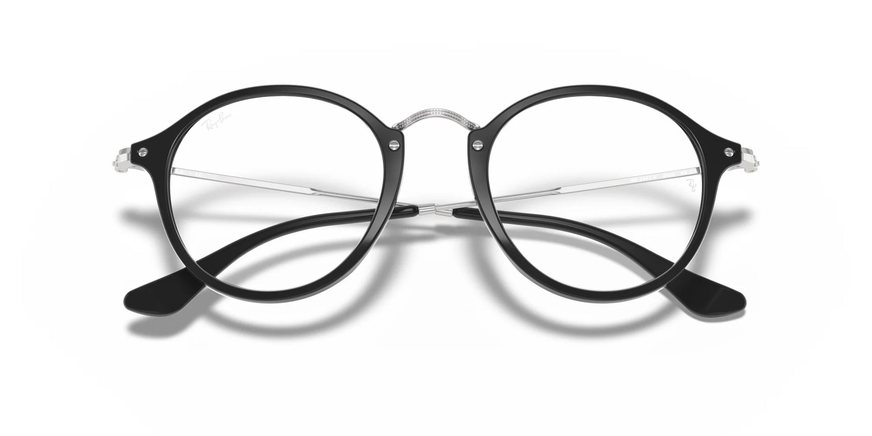 Ray-Ban ROUND RX2447V eyeglasses in size 49, showcasing black-rimmed frames with a silver bridge and temples, are displayed on a white background.