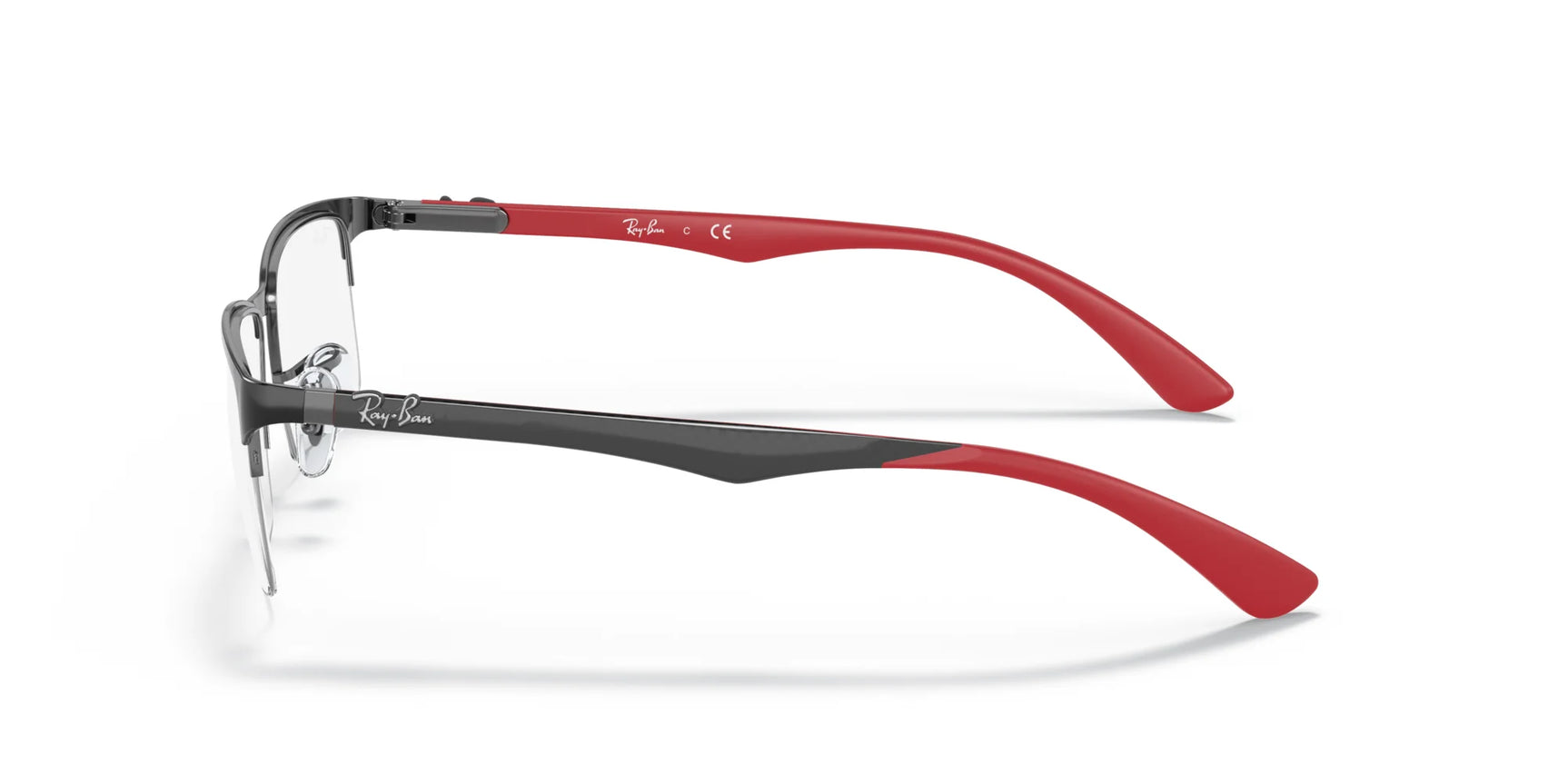 Side view of the stylish Ray-Ban RX8411 eyeglasses in black and red, showcasing a thin metal frame and sleek plastic temples, available in size 54.