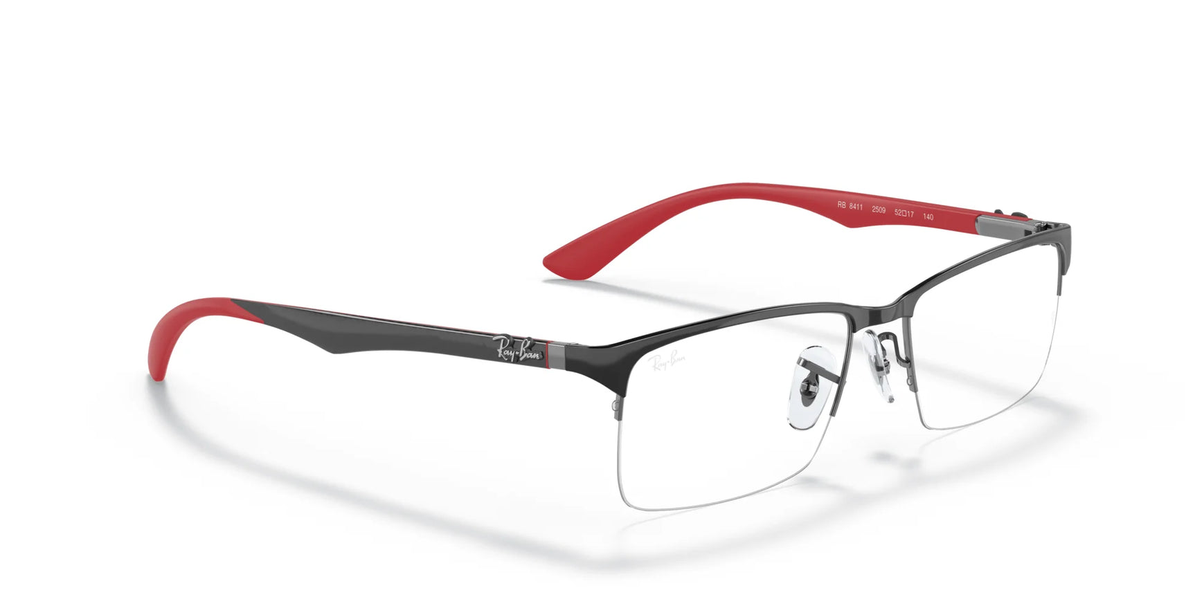 Explore the stylish Ray-Ban RX8411 Eyeglasses in Size 54, showcasing a sleek black and red design with trendy semi-rimless frames that feature a distinct branded flair.