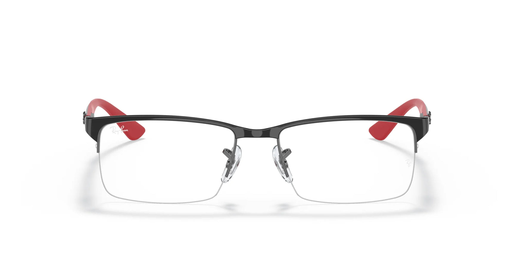 The Ray-Ban RX8411 Eyeglasses | Size 54, featuring a black and red semi-rimless rectangular design with nose pads, are the epitome of trendy eyewear.