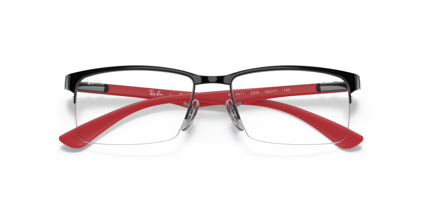 The Ray-Ban RX8411 Eyeglasses in size 54 feature trendy black frames with red arms, delivering a bold look when viewed from the front.