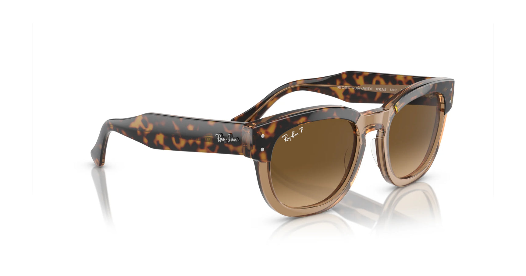 The Ray-Ban MEGA HAWKEYE RB0298S sunglasses in size 53 showcase bold acetate frames with tortoiseshell designs and brown lenses, highlighted by a branded logo on the arms and elegantly displayed on a reflective surface.