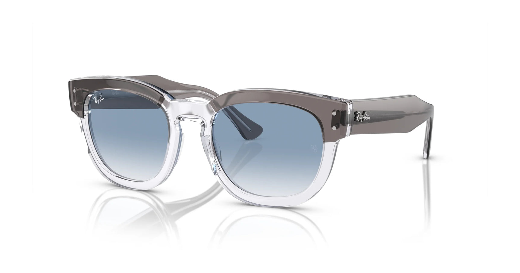 Ray-Ban MEGA HAWKEYE RB0298S Sunglasses feature bold acetate frames with a classic keyhole bridge, clear frames with gray lenses, and sleek black temples for a striking contrast. Size 53.