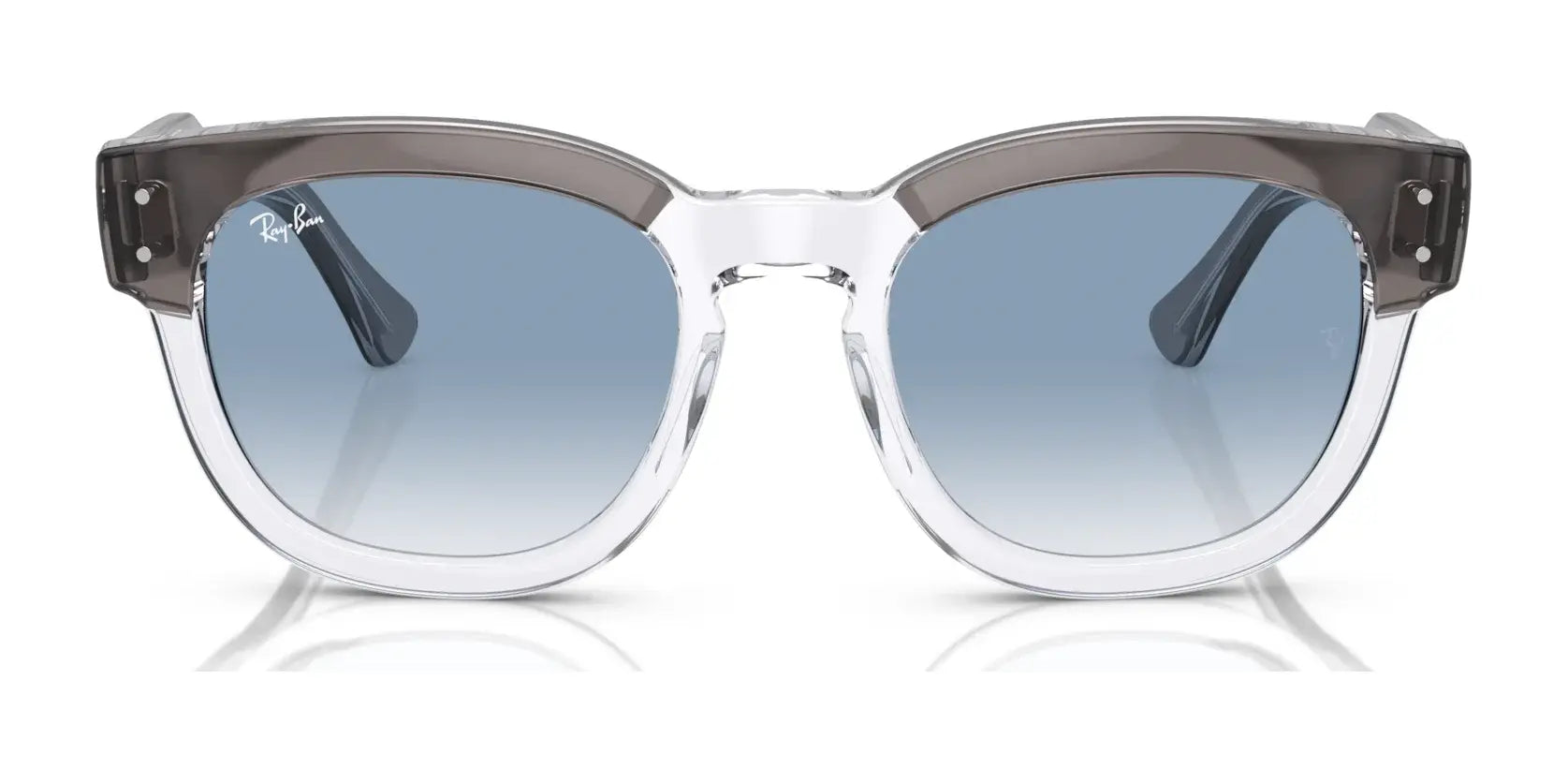 Ray-Ban MEGA HAWKEYE RB0298S Sunglasses, size 53, with transparent frames, gray lenses, and a keyhole bridge exude a retro vibe on a white background.