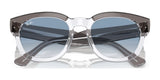 The Ray-Ban MEGA HAWKEYE RB0298S Sunglasses, Size 53, offer retro styling with clear frames, blue-tinted lenses, and gray accents, highlighted by a distinctive keyhole bridge.