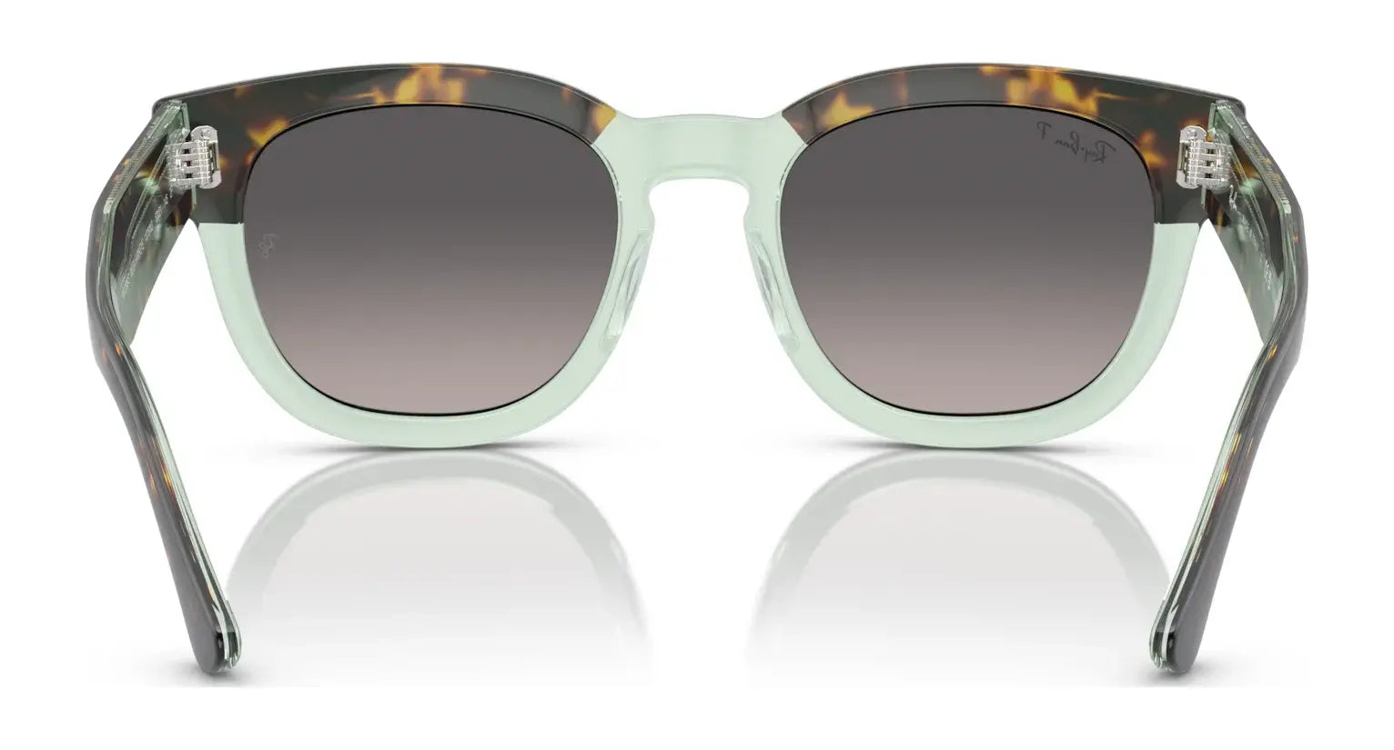 Front view of Ray-Ban MEGA HAWKEYE RB0298S sunglasses in size 53, showcasing bold acetate green and tortoiseshell frames with a keyhole bridge and dark gradient lenses.