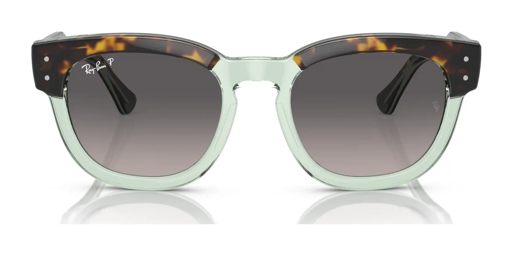 Ray-Ban MEGA HAWKEYE RB0298S Sunglasses, Size 53, feature retro acetate frames in a chic tortoiseshell and clear design with a keyhole bridge. The gray gradient lenses are adorned with the Ray-Ban logo for flair and function.