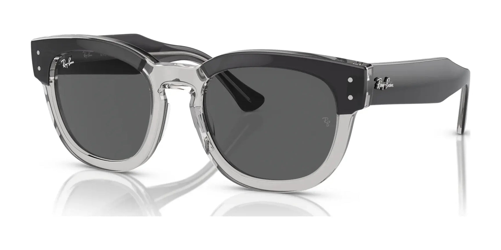 The Ray-Ban MEGA HAWKEYE RB0298S Sunglasses feature bold acetate frames and a keyhole bridge, complete with dark lenses on a white background in size 53.