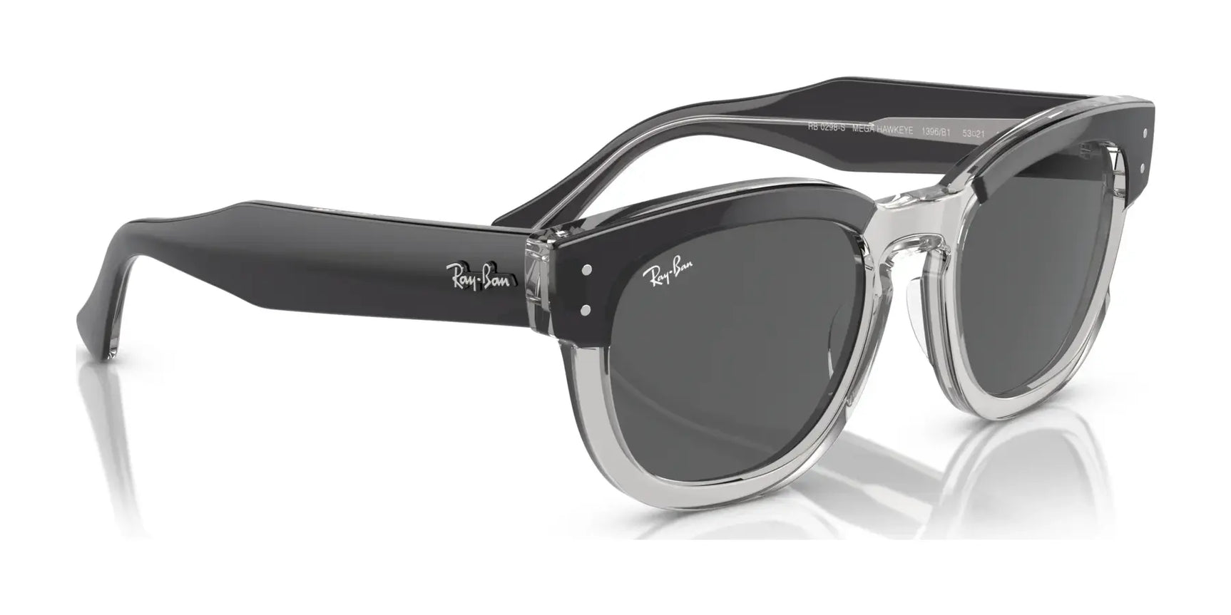 The Ray-Ban MEGA HAWKEYE RB0298S Sunglasses, size 53, in black and clear feature bold acetate frames and dark lenses, elegantly displayed on a reflective surface.