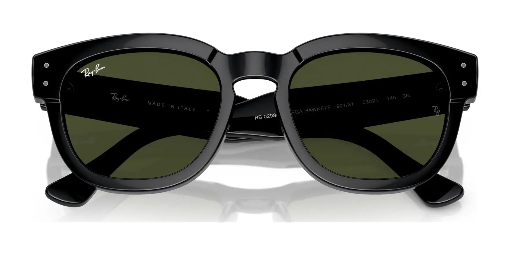 The Ray-Ban MEGA HAWKEYE RB0298S sunglasses, with bold black acetate frames and green-tinted lenses, stylishly embody a two-tone design against a white background.