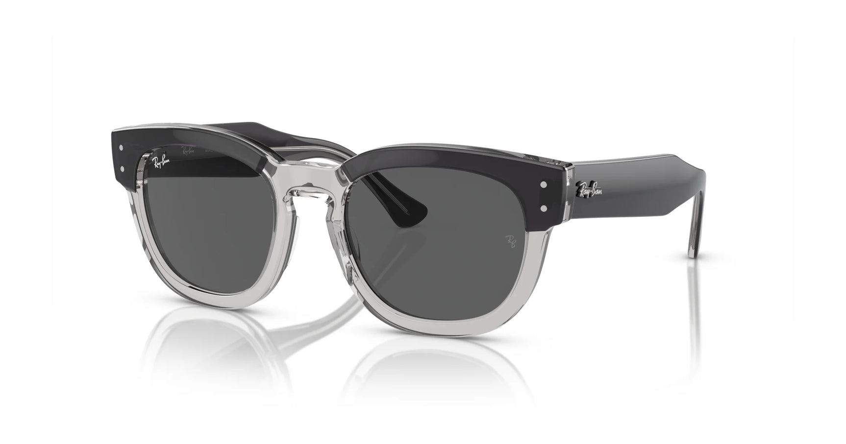 Ray-Ban MEGA HAWKEYE RB0298SF Sunglasses in size 53 feature square acetate frames with black and clear colors and dark lenses, shown angled slightly right on a white background.