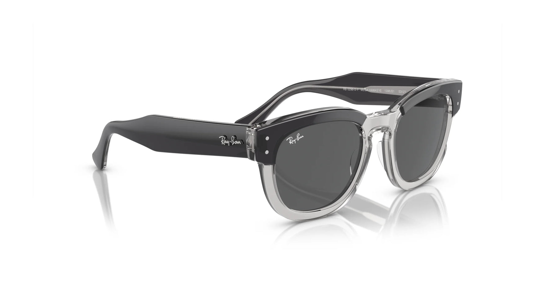 The Ray-Ban MEGA HAWKEYE RB0298SF Sunglasses in size 53 feature stylish black and clear square acetate frames with dark lenses, elegantly displayed against a white background.