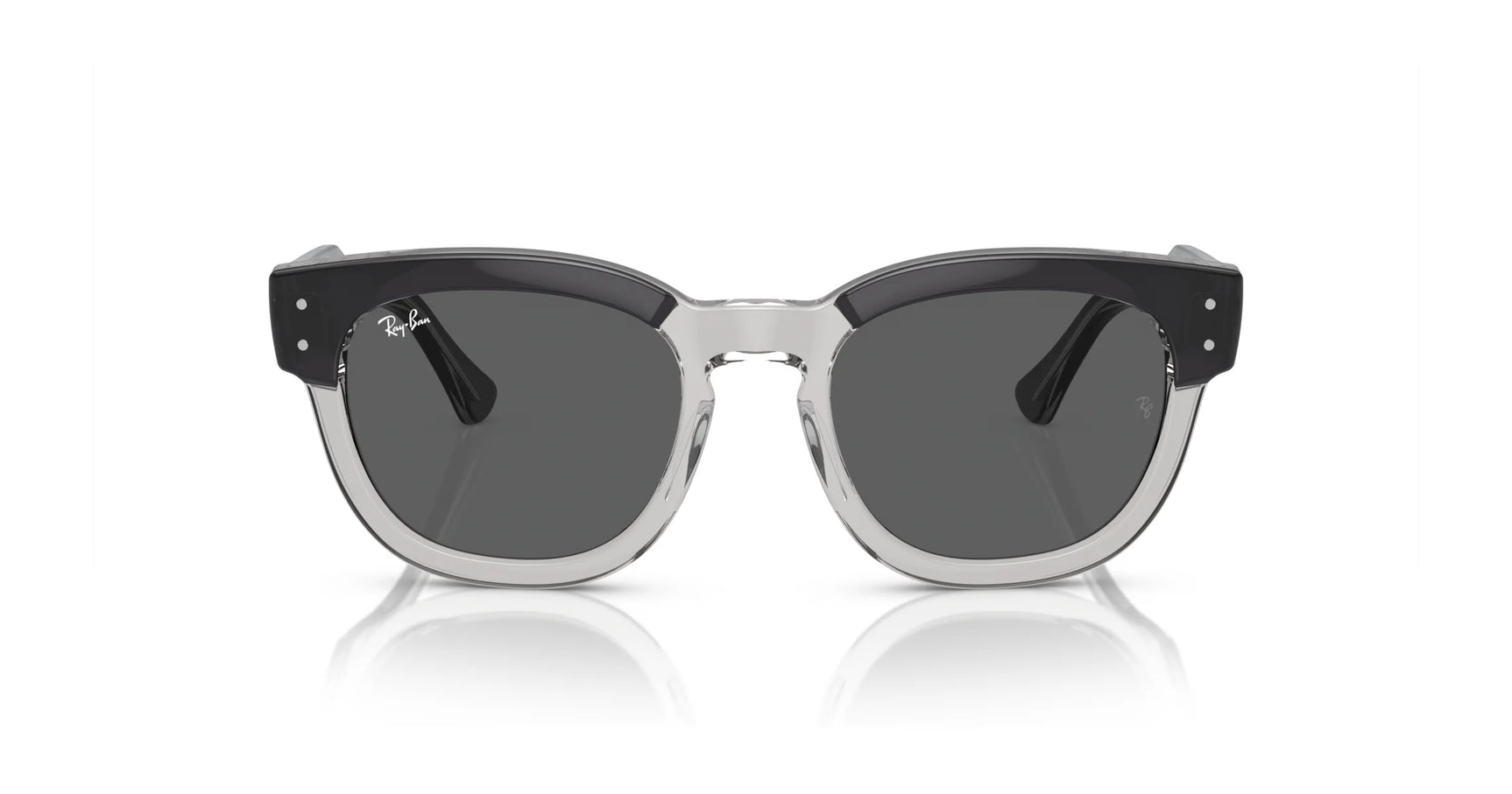 Ray-Ban MEGA HAWKEYE RB0298SF Sunglasses in size 53 feature a sleek square acetate design with black and clear frames and dark lenses, set against a white background.