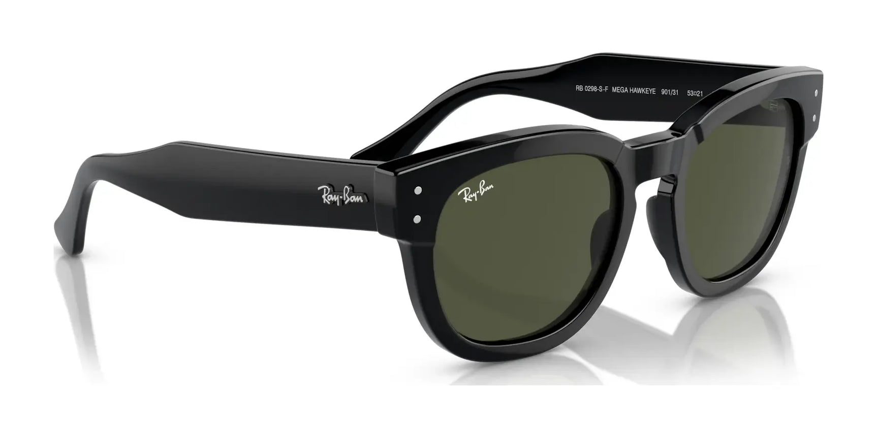 The Ray-Ban MEGA HAWKEYE RB0298SF Sunglasses in size 53 feature a square shape and thick black frames that highlight their green lenses against a white background.