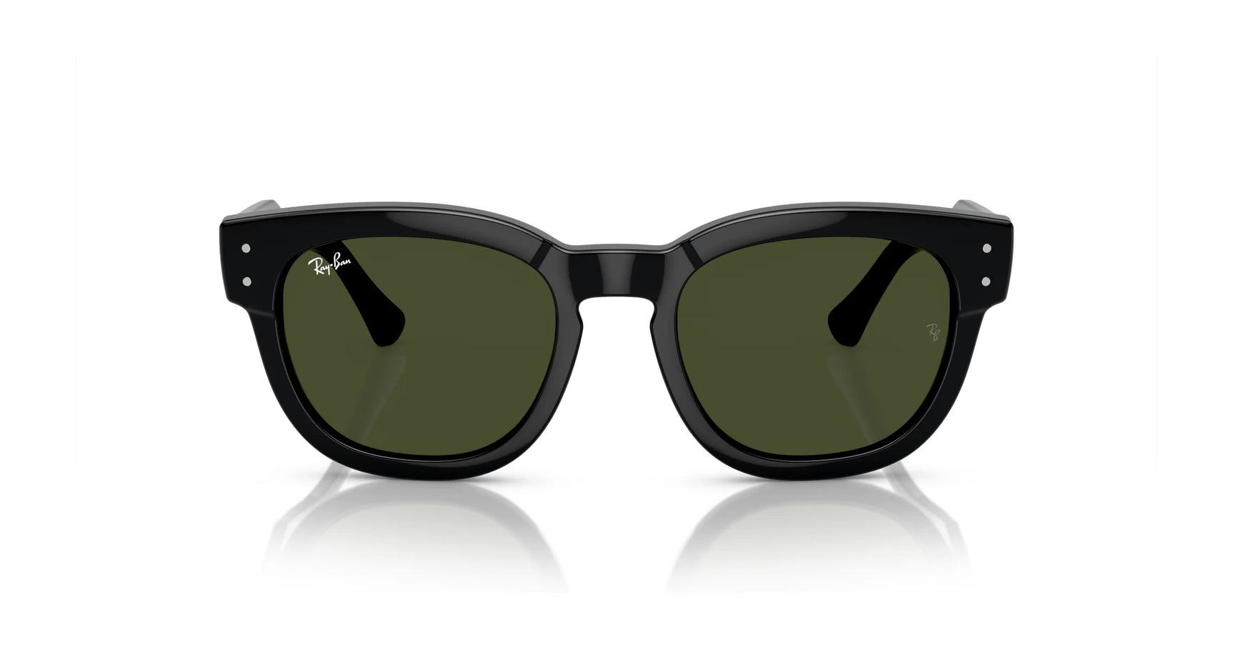 The Ray-Ban MEGA HAWKEYE RB0298SF Sunglasses, Size 53, feature a modern design with sleek green lenses on a black frame, embodying the essence of fashionable Ray-Ban eyewear.