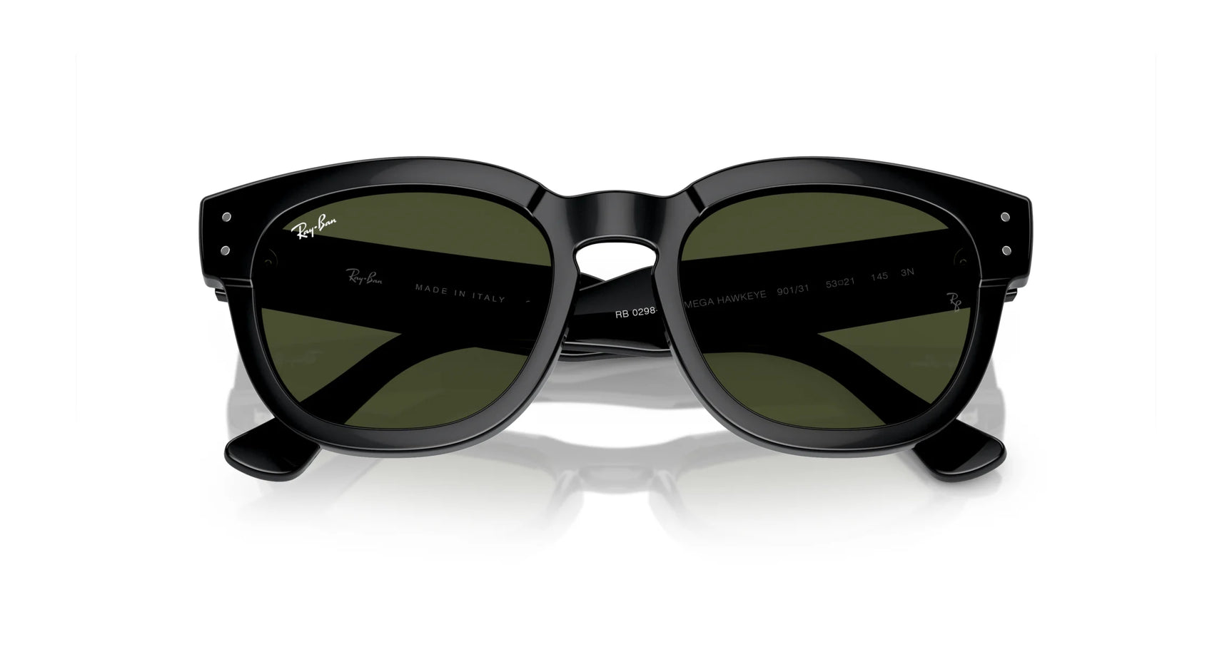 Ray-Ban MEGA HAWKEYE RB0298SF black acetate sunglasses with dark lenses are stylishly positioned on a white surface.