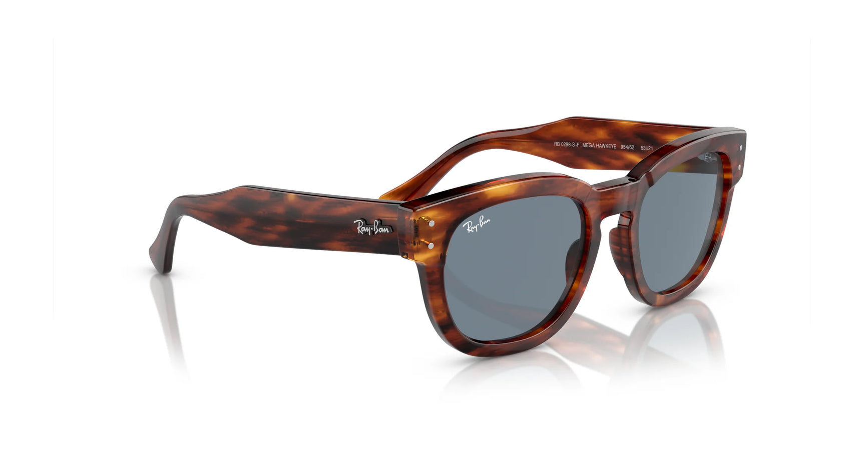 The Ray-Ban MEGA HAWKEYE RB0298SF sunglasses in size 53 offer a classic, bold square shape with tortoiseshell frames and dark lenses, highlighting both the side and front details for a timeless look.