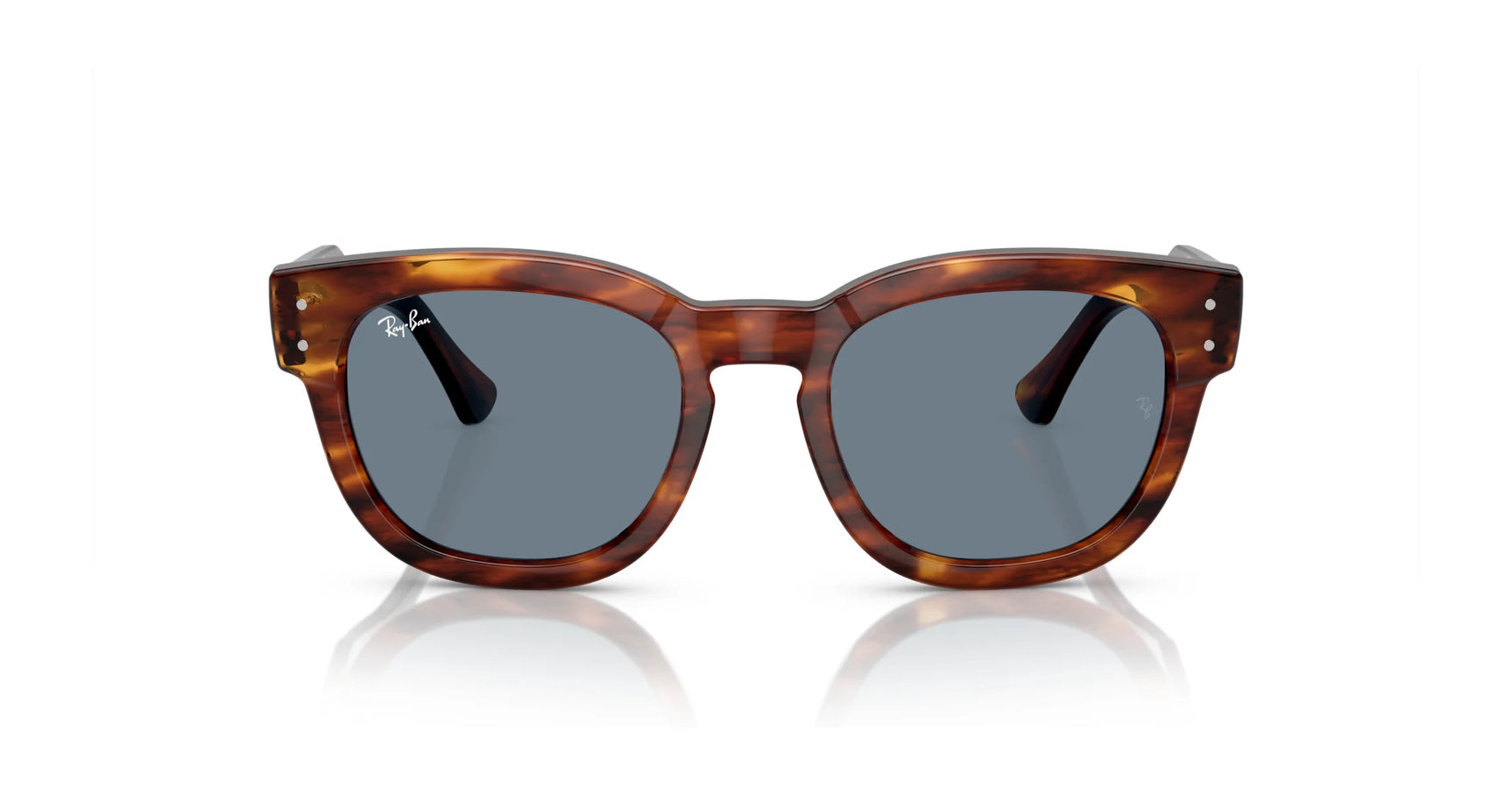 Ray-Ban MEGA HAWKEYE RB0298SF Sunglasses in acetate tortoiseshell and dark lenses, size 53, rest on a reflective surface viewed from the front.