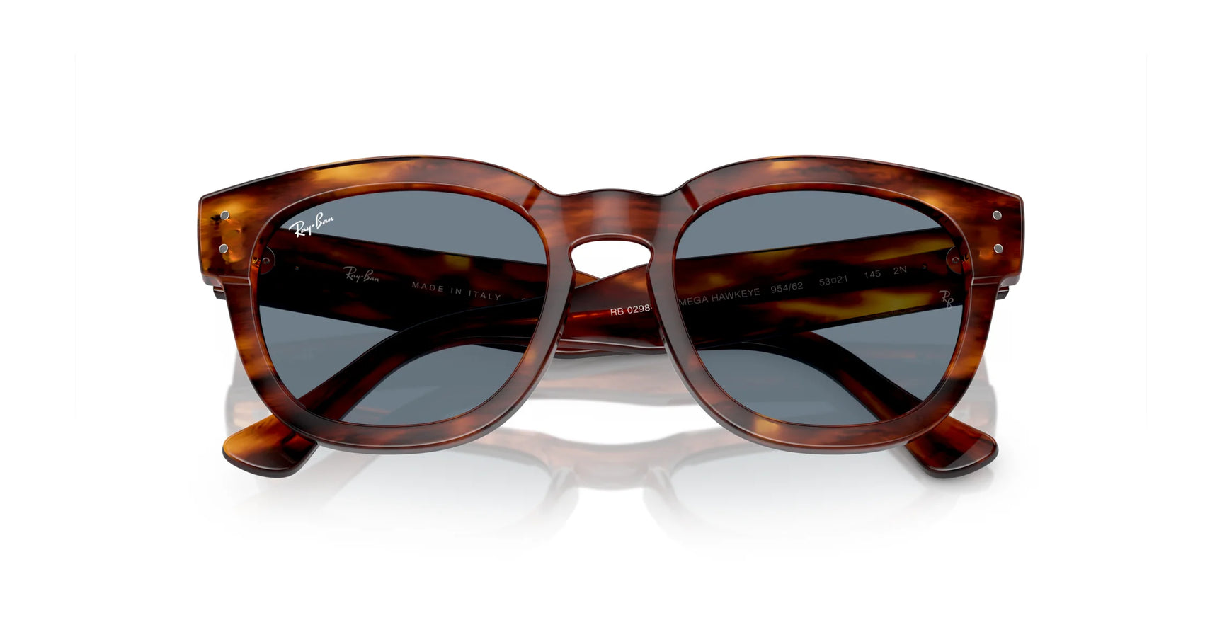 The Ray-Ban MEGA HAWKEYE RB0298SF Sunglasses, Size 53, showcase tortoiseshell square acetate frames with dark lenses, photographed from the front against a white background.