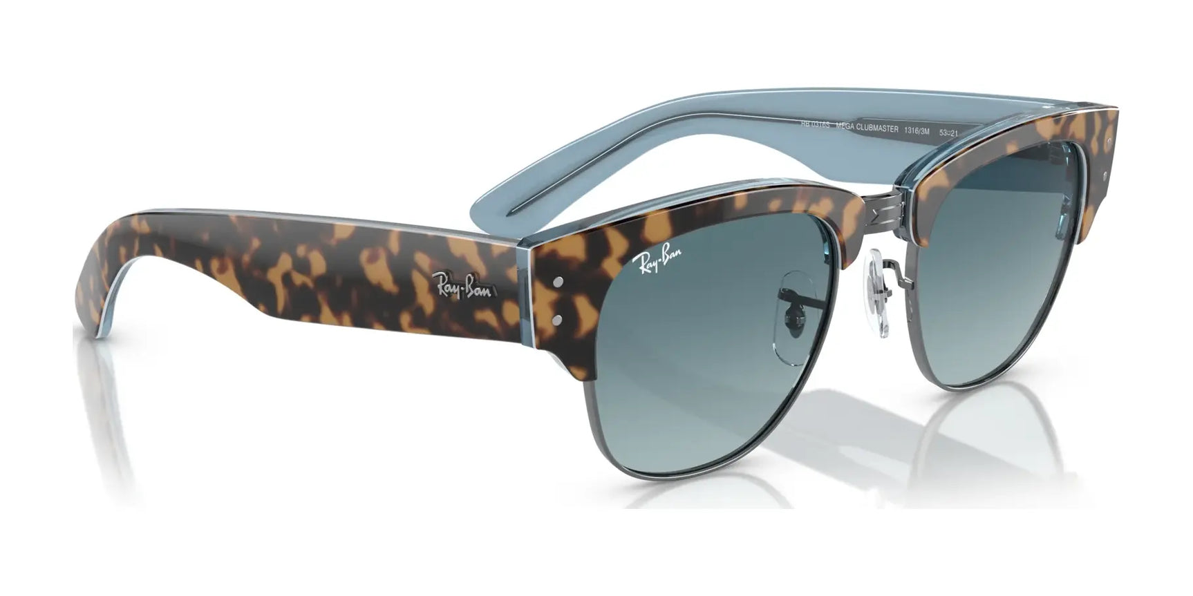 The contemporary Ray-Ban MEGA CLUBMASTER RB0316S sunglasses feature tortoiseshell frames, blue lenses, a silver logo on the temples, and are prescription ready.