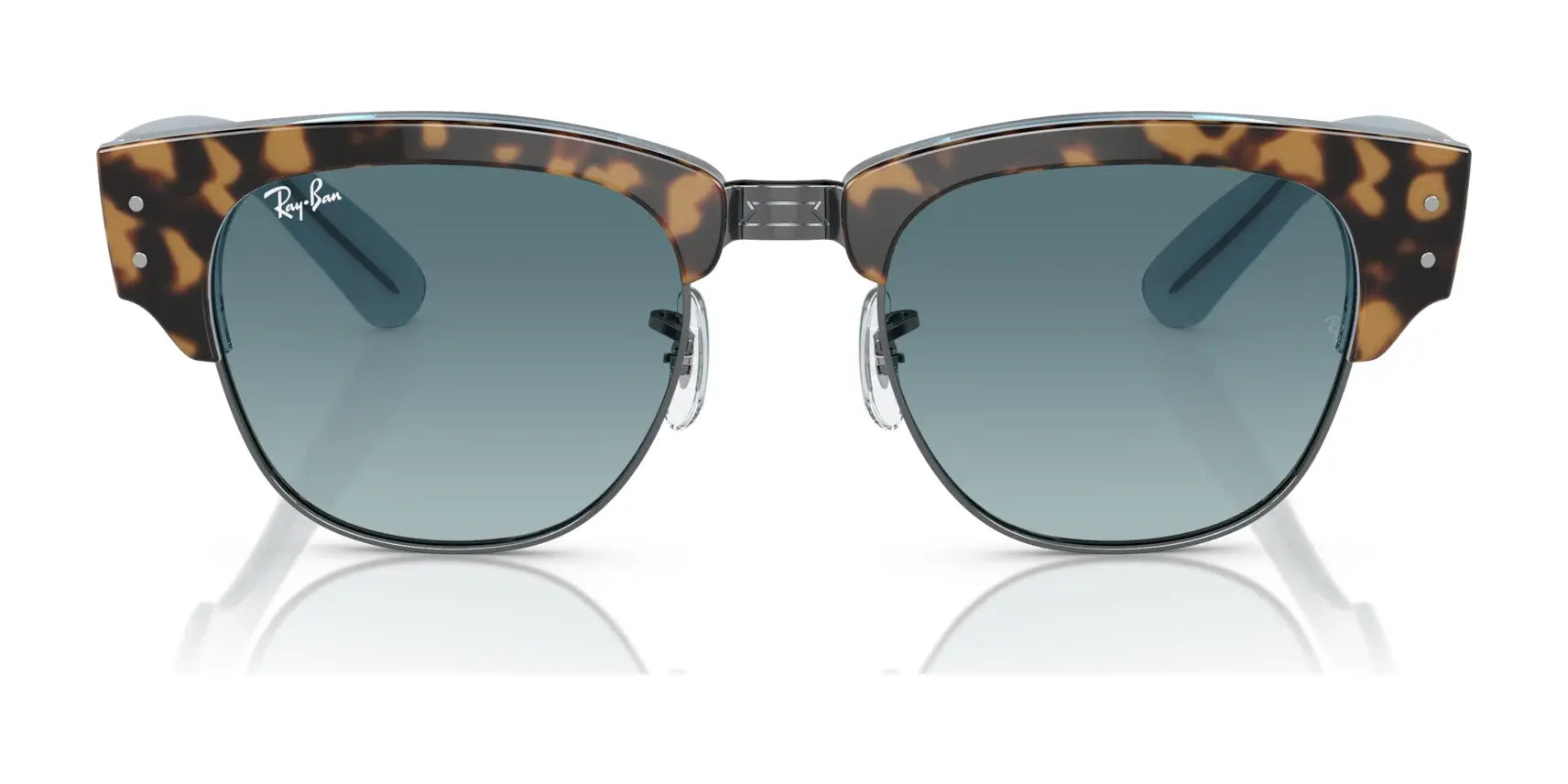 Ray-Ban MEGA CLUBMASTER RB0316S sunglasses with tortoiseshell frames and blue lenses are elegantly displayed on a white background.