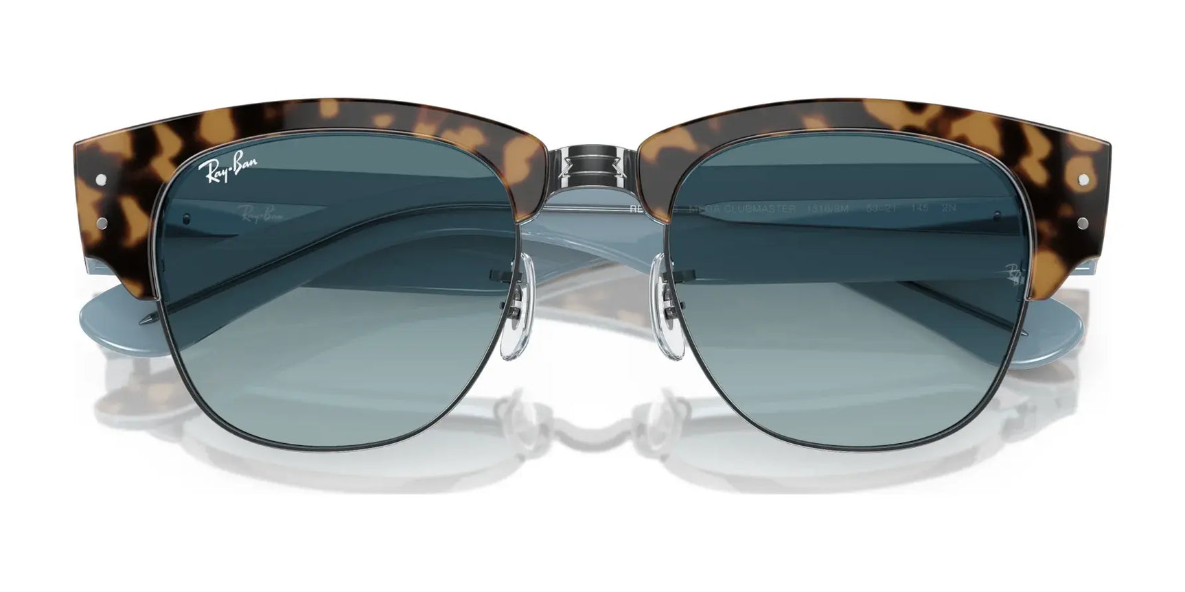 Ray-Ban MEGA CLUBMASTER RB0316S sunglasses, featuring a tortoiseshell and metal frame with blue lenses, elegantly set on a white background.