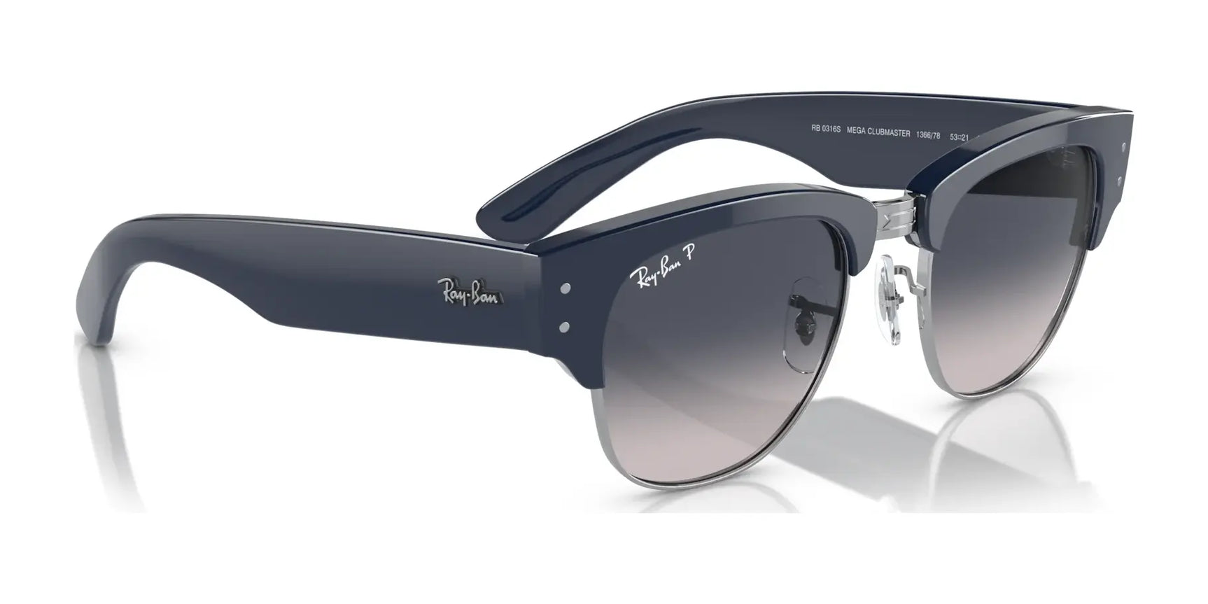 The Ray-Ban MEGA CLUBMASTER RB0316S Sunglasses boast sleek black frames, gradient lenses, and silver accents, ideal for fans of the classic Clubmaster style.