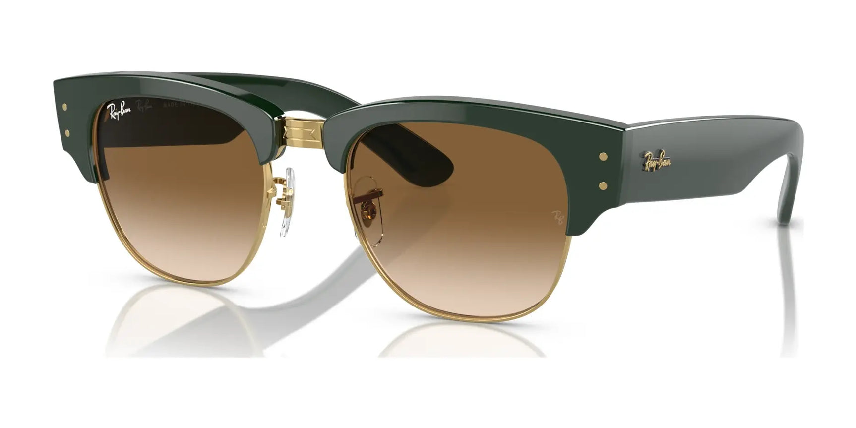 Ray-Ban MEGA CLUBMASTER RB0316S sunglasses showcase a sleek green on gold frame, brown gradient lenses, and gold logos on the temples. These contemporary Ray-Ban sunglasses are prescription ready, effortlessly blending style with functionality.